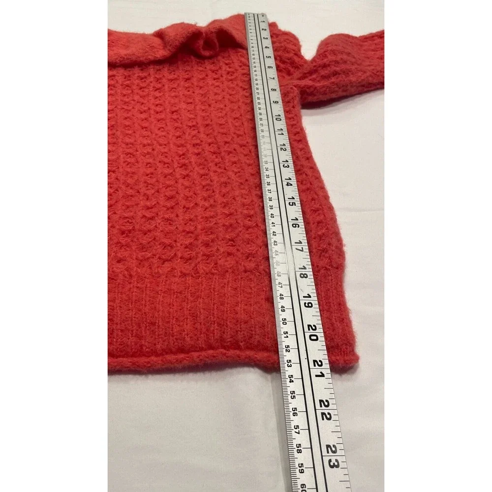 Anthropologie Ruffled Boat Neck Sweater Size XS Coral Pink Fuzzy Knit Wool Blend